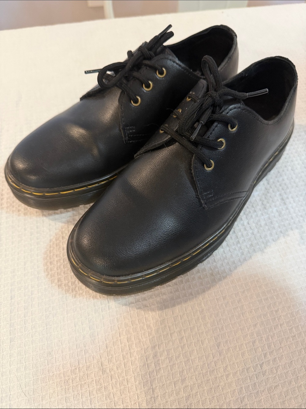 Dr. Martens Black Smooth Leather 3-Eye Derby with Yellow Welt Stitching size 8